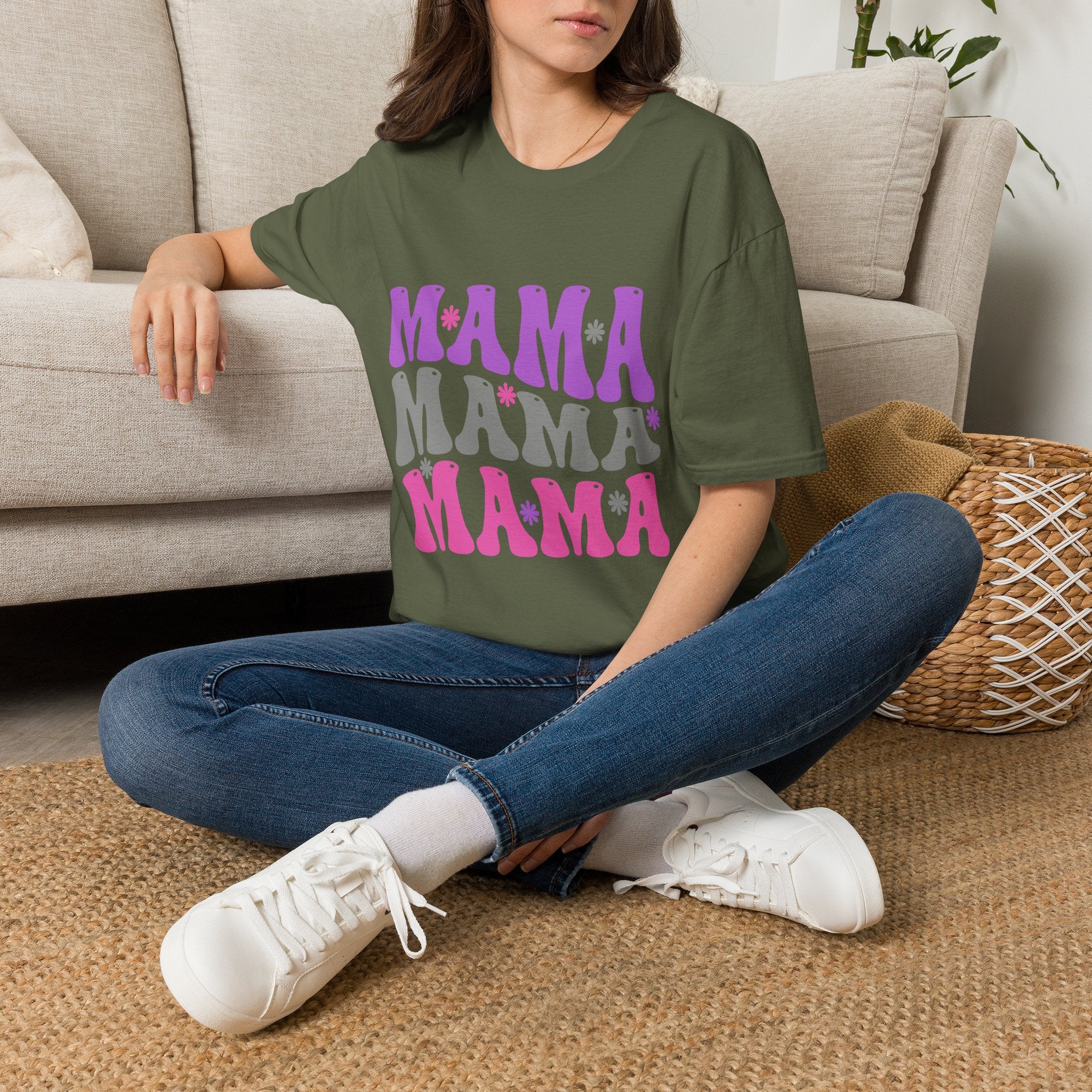 Mama Retro Graphic T-Shirt — Pink & Gray Stacked 'MAMA' Design