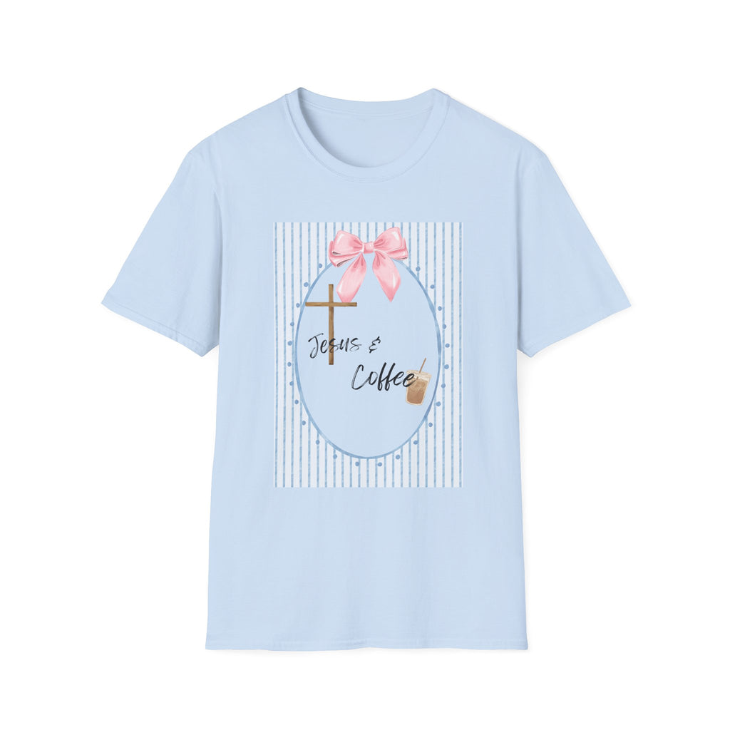Jesus & Coffee T-Shirt — Pastel Cross and Pink Bow Christian Tee