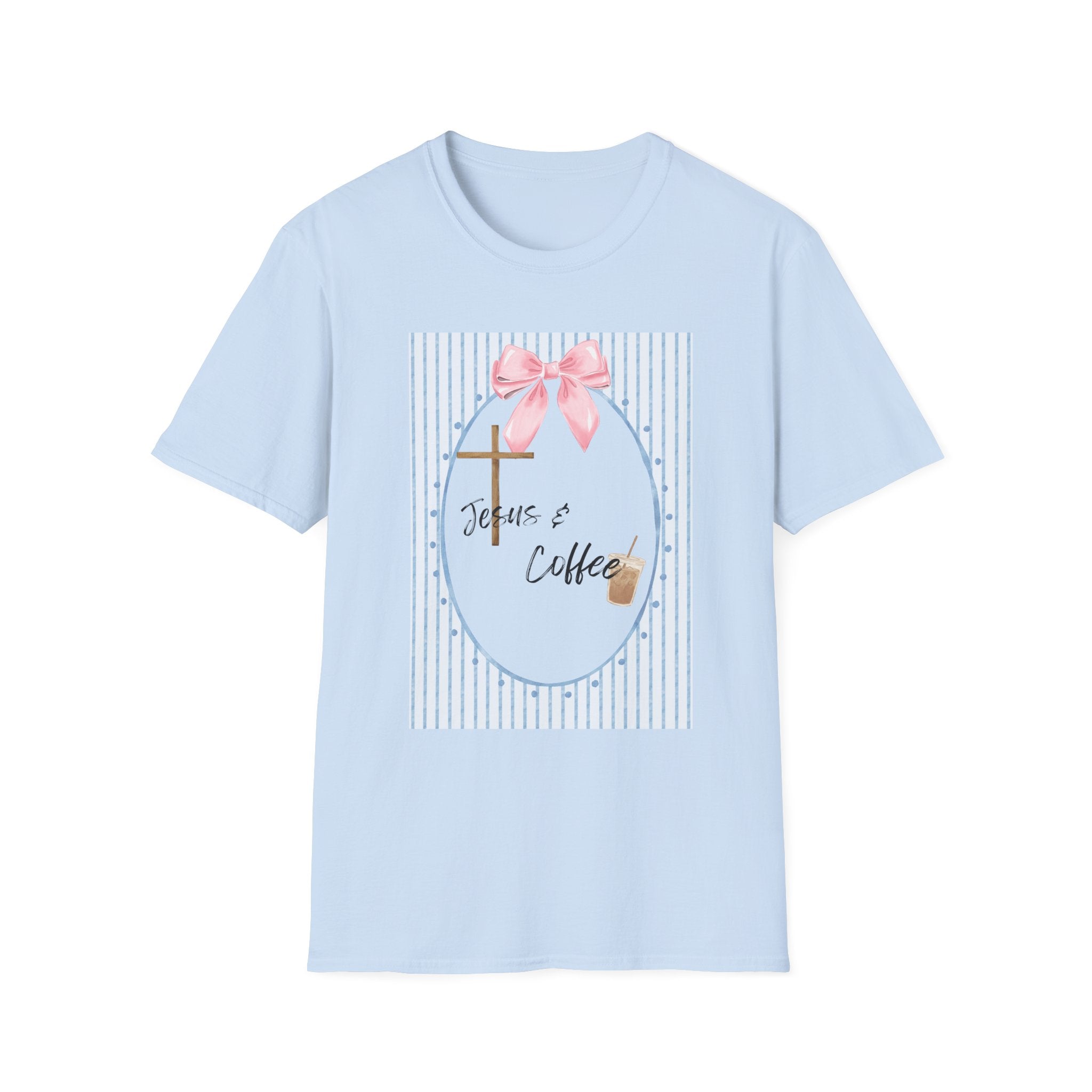 Jesus & Coffee T-Shirt — Pastel Cross and Pink Bow Christian Tee