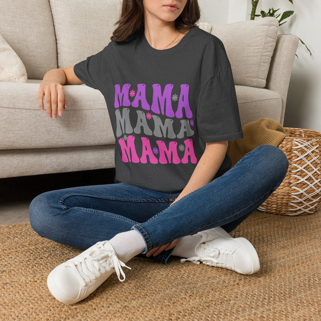 Mama Retro Graphic T-Shirt — Pink & Gray Stacked 'MAMA' Design