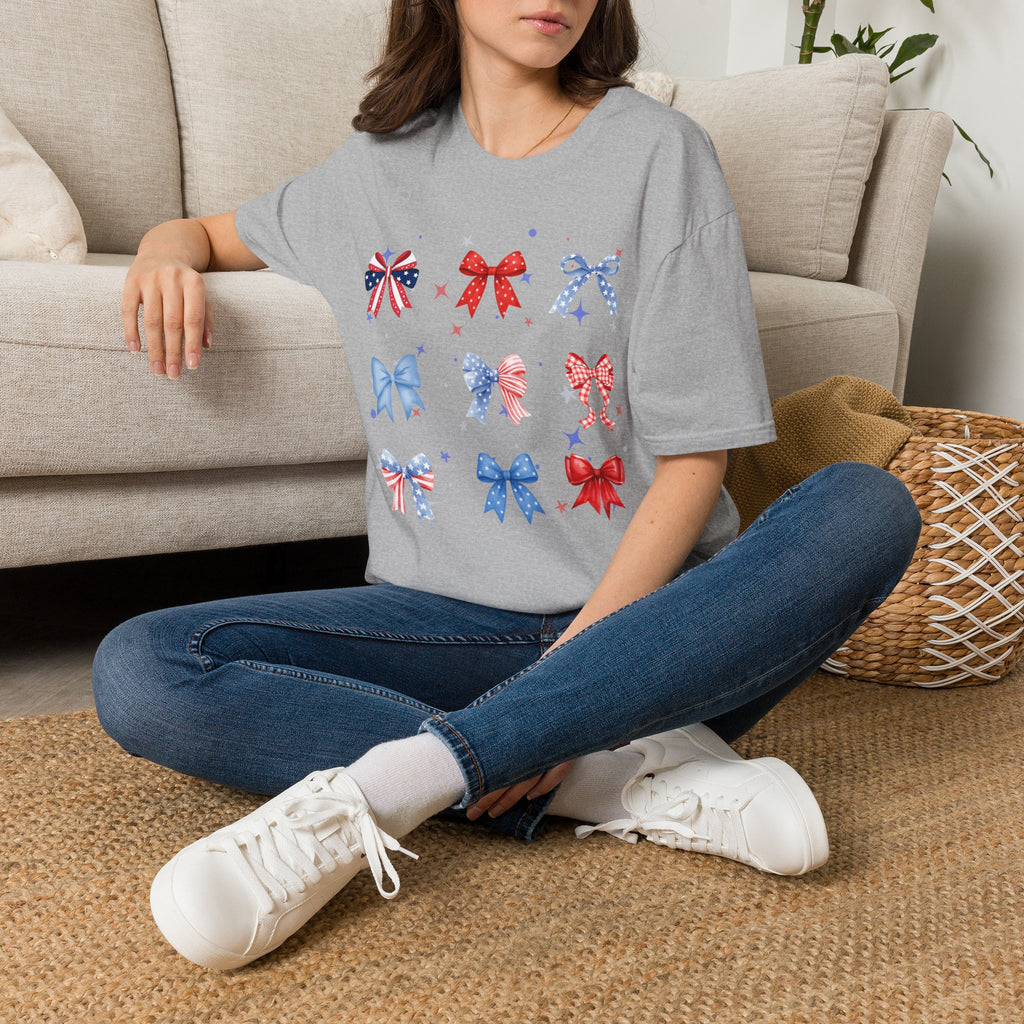 Patriotic Bow Pattern T-Shirt — Red White & Blue Ribbon Graphic