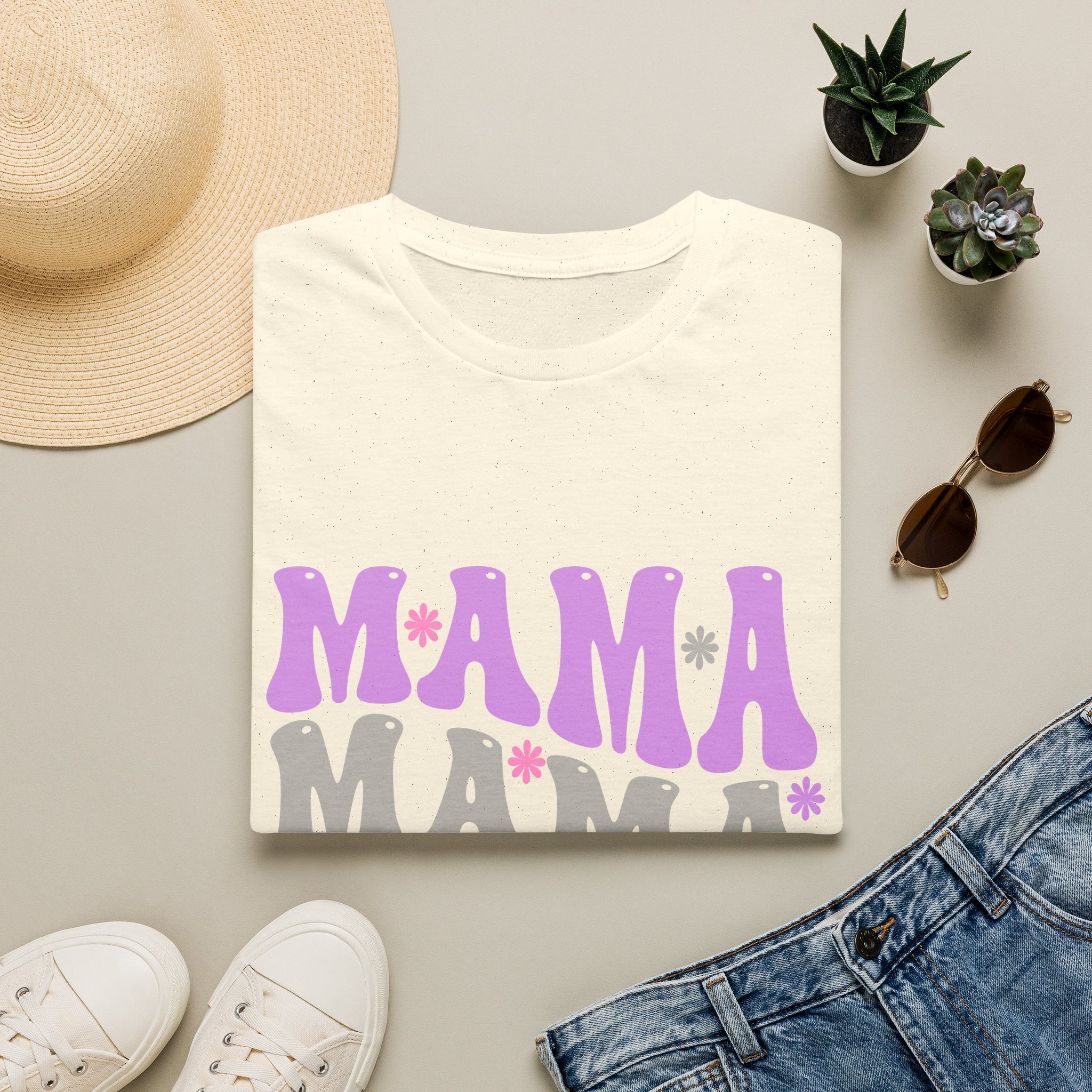 Mama Retro Graphic T-Shirt — Pink & Gray Stacked 'MAMA' Design